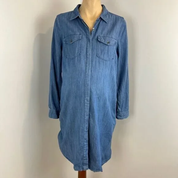 Motherhood Maternity Small Blue Denim Button Down Knee Length Dress Pregnancy - Picture 1 of 15